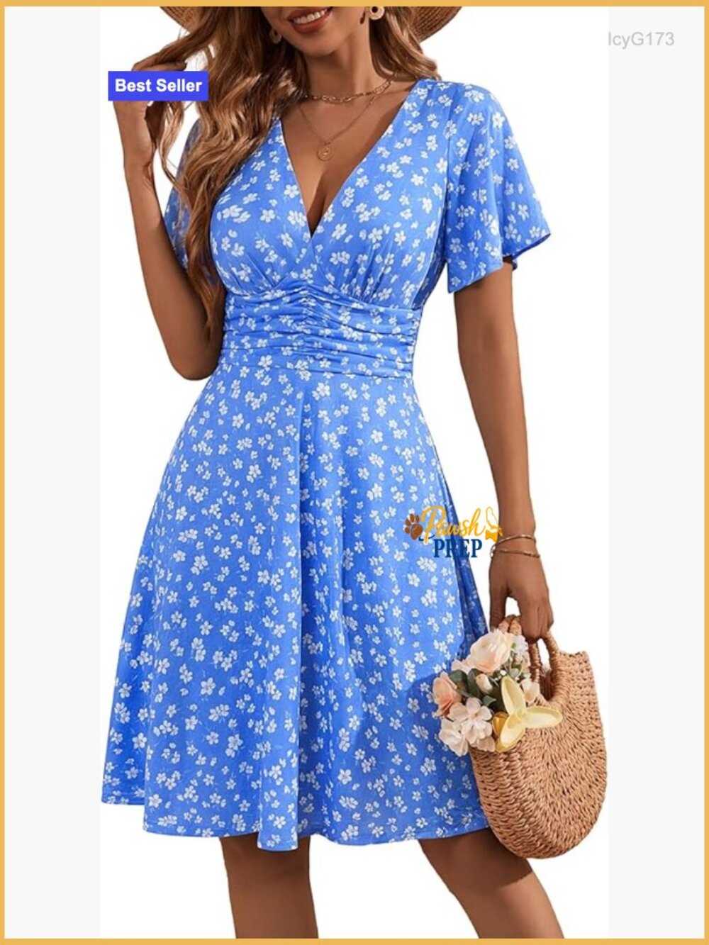 Floral Midi Dress with V Neck, Short Sleeves, Pockets, and Corset Waist